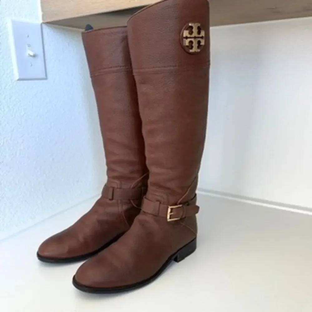 TORY BURCH Riding Boots Brown Leather Zip‎ Knee High Logo Buckle Women 7M